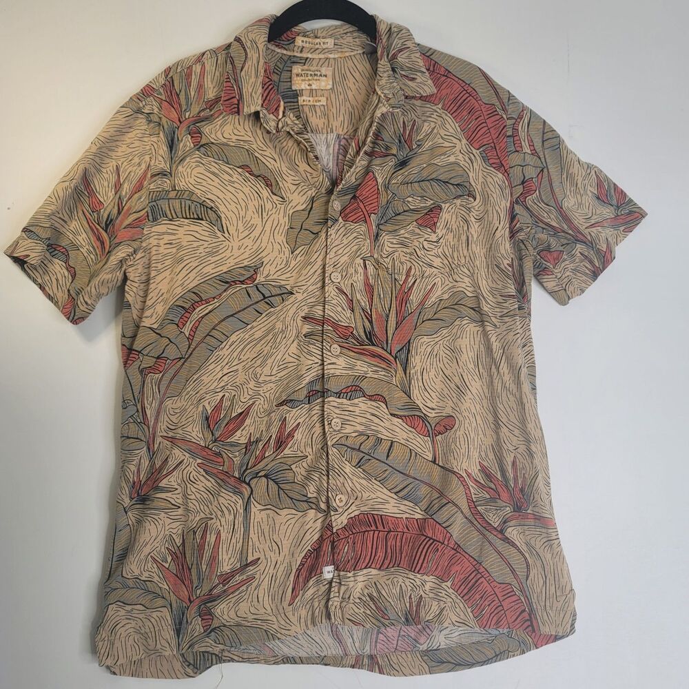 Quiksilver Waterman Collection Tropical Camp Shirt Men M Tan Bird of Paradise